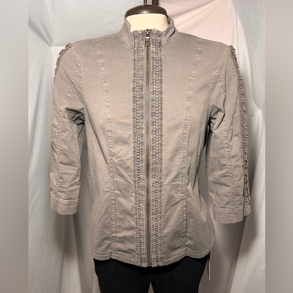 XCVI Grey Utility Jacket Braided Arm Zip Front Stretch Cotton Size M